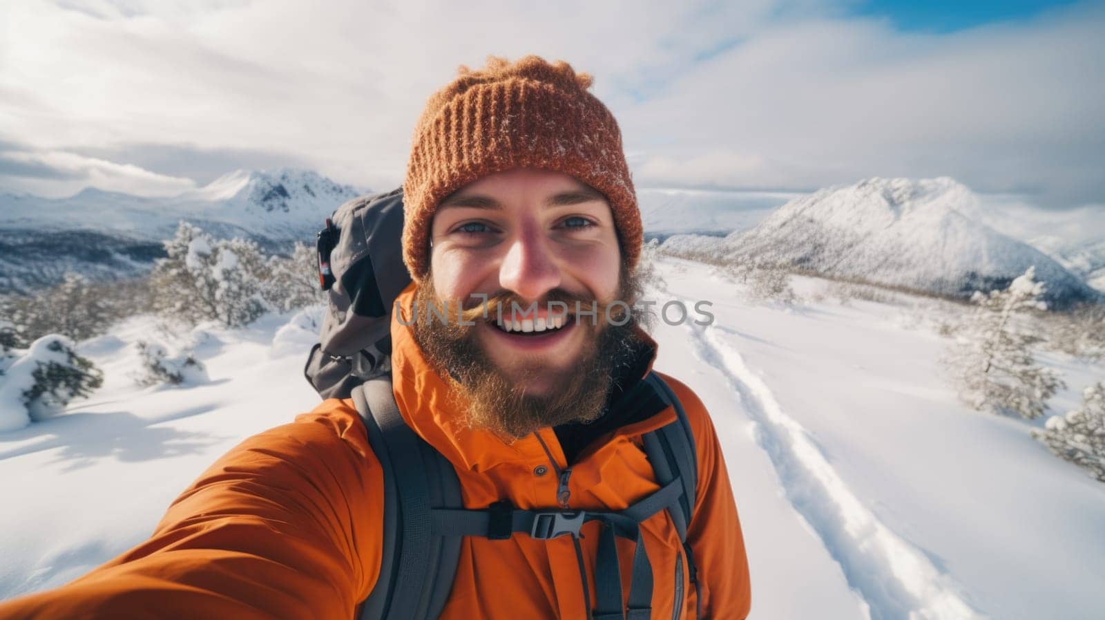 Traveler influencer taking selfie during travel in winter season comeliness by biancoblue