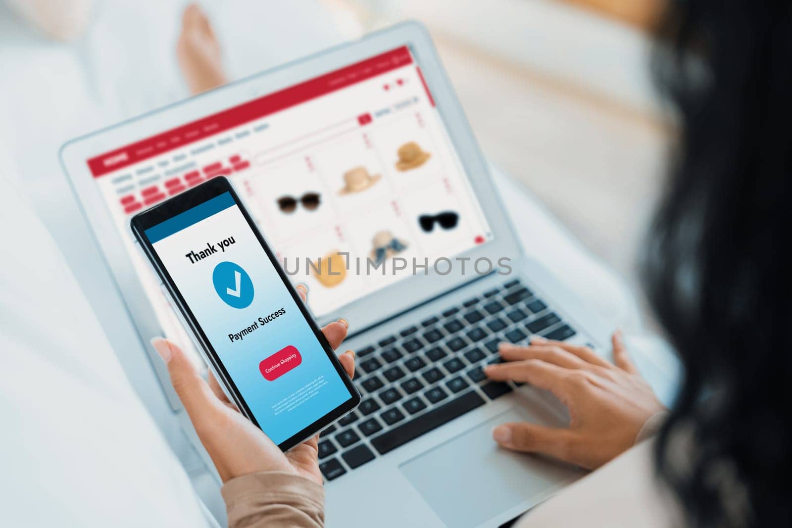 Woman shopping online on internet marketplace browsing for sale items for modern lifestyle and use credit card for online payment from wallet protected by crucial cyber security software