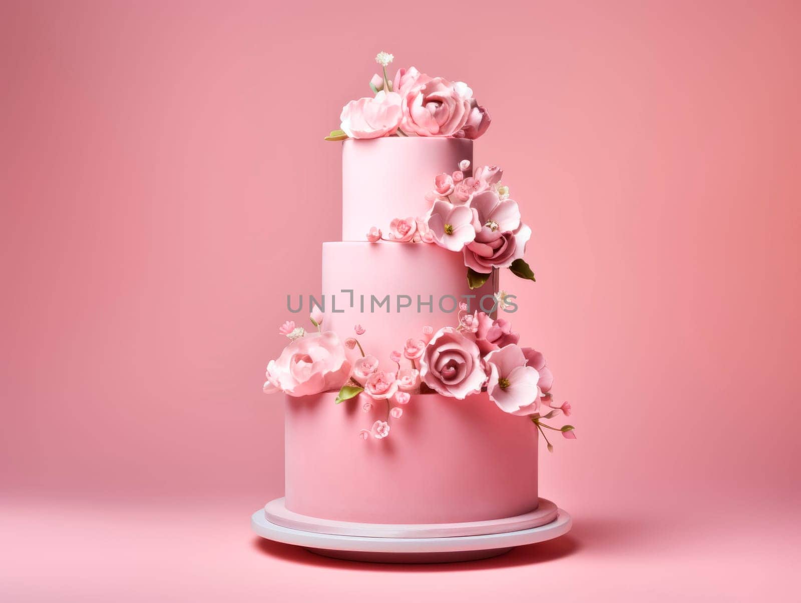 Beautiful multi-tiered cake decorated with flowers. On a pink background, there is a pink cake on a stand. High quality photo