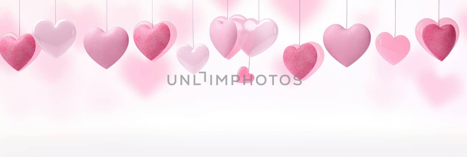 Illustration of defocused blurred pink hearts hanging from a white background. watercolor painting by papatonic