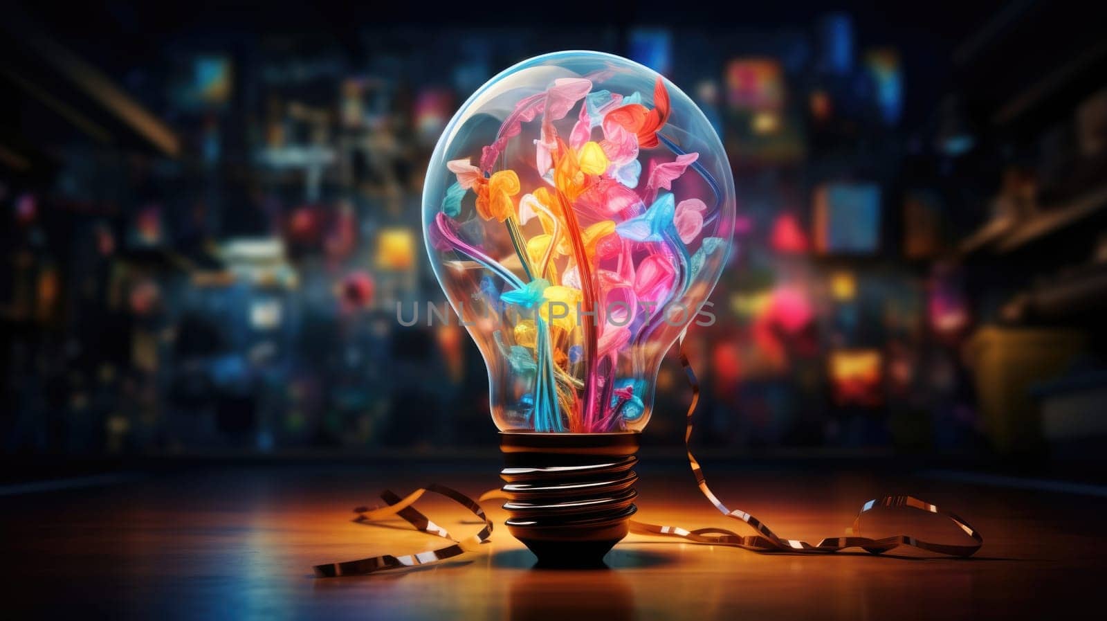 The moment of artist ultra realistic illustration - Generative AI. Lightbulb, color, smoke, blue.