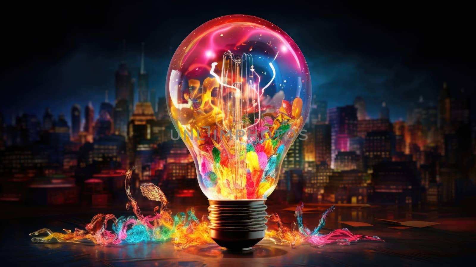 The moment of artist ultra realistic illustration - Generative AI. Lightbulb, color, smoke, blue.