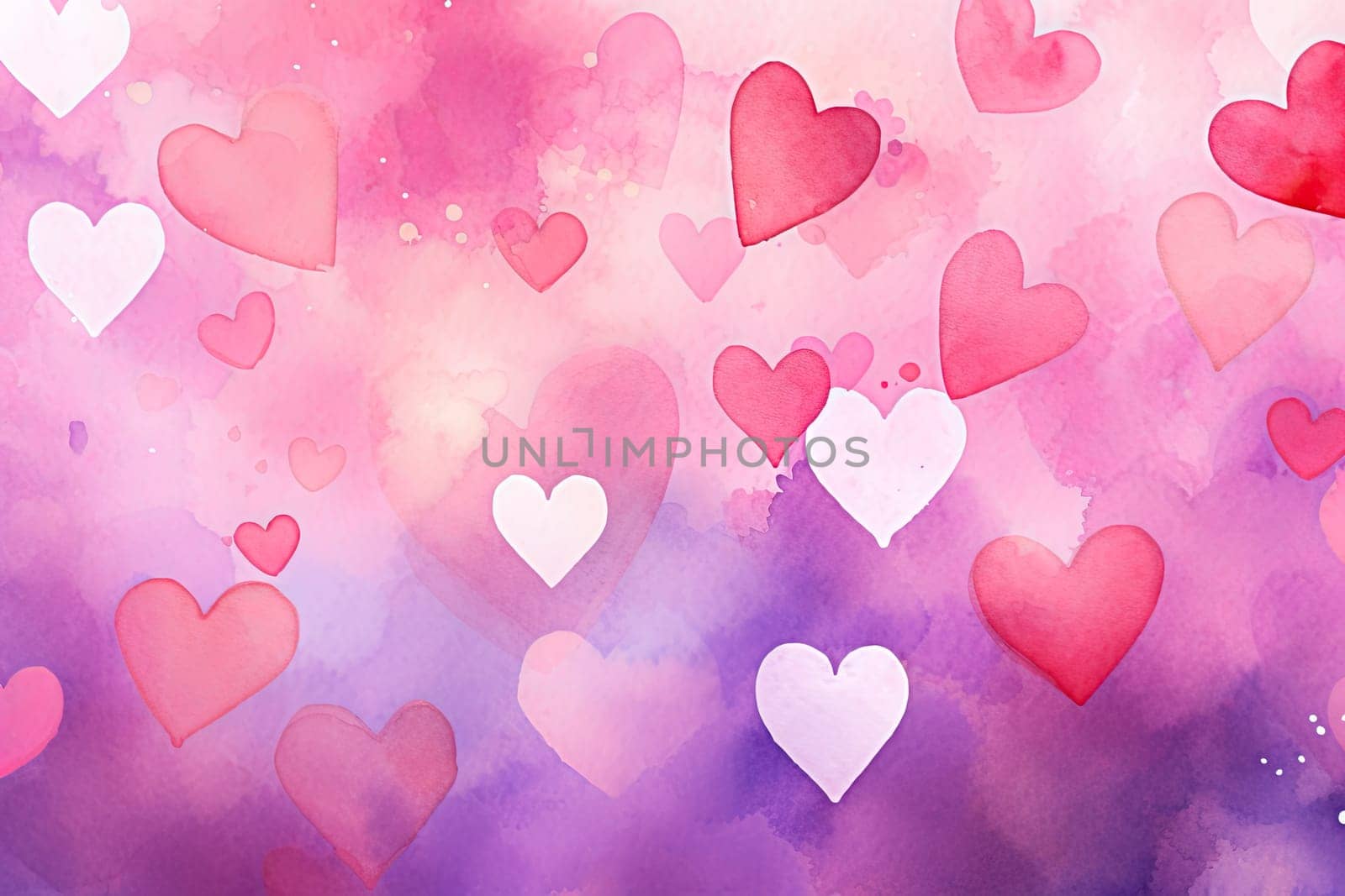 watercolor illustration of hearts on very soft and sweet pastel color abstract background.