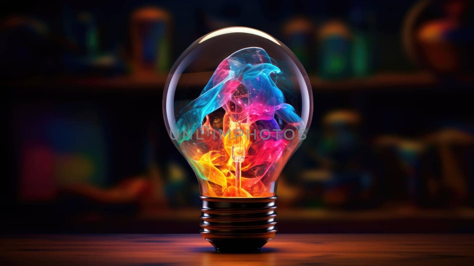 Lamp becomes a vessel ultra realistic illustration - Generative AI. Bulb, wooden, desk, orange.