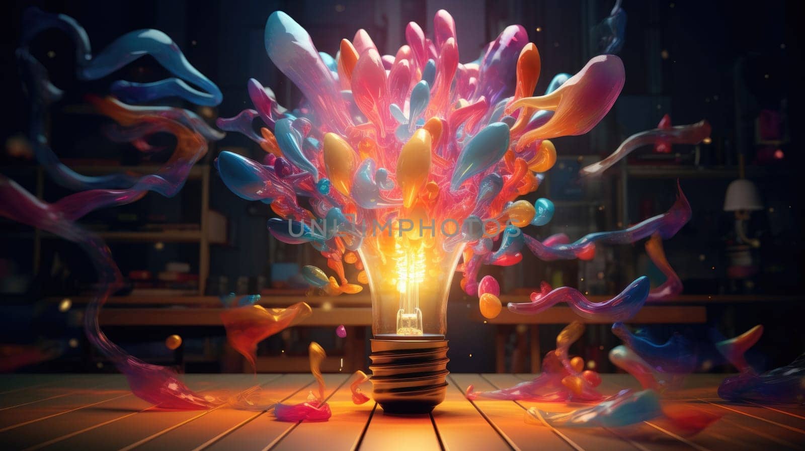 A bulb-shaped lamp shining brightly in an explosion of colorful inspiration ultra realistic illustration - Generative AI. Lightbulb, flowers, colorful, window.
