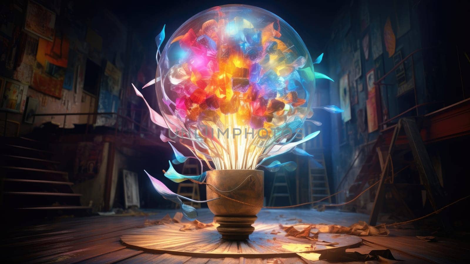 A bulb-shaped lamp shining brightly in an explosion of colorful inspiration ultra realistic illustration - Generative AI. Lightbulb, flowers, colorful, window.