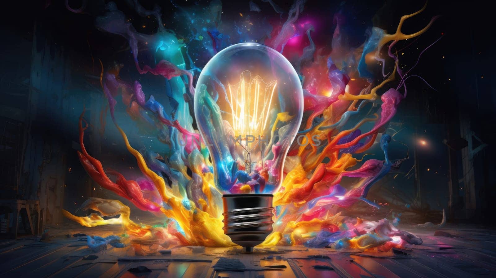 A bulb-shaped lamp shining brightly in an explosion of colorful inspiration ultra realistic illustration - Generative AI. by simakovavector