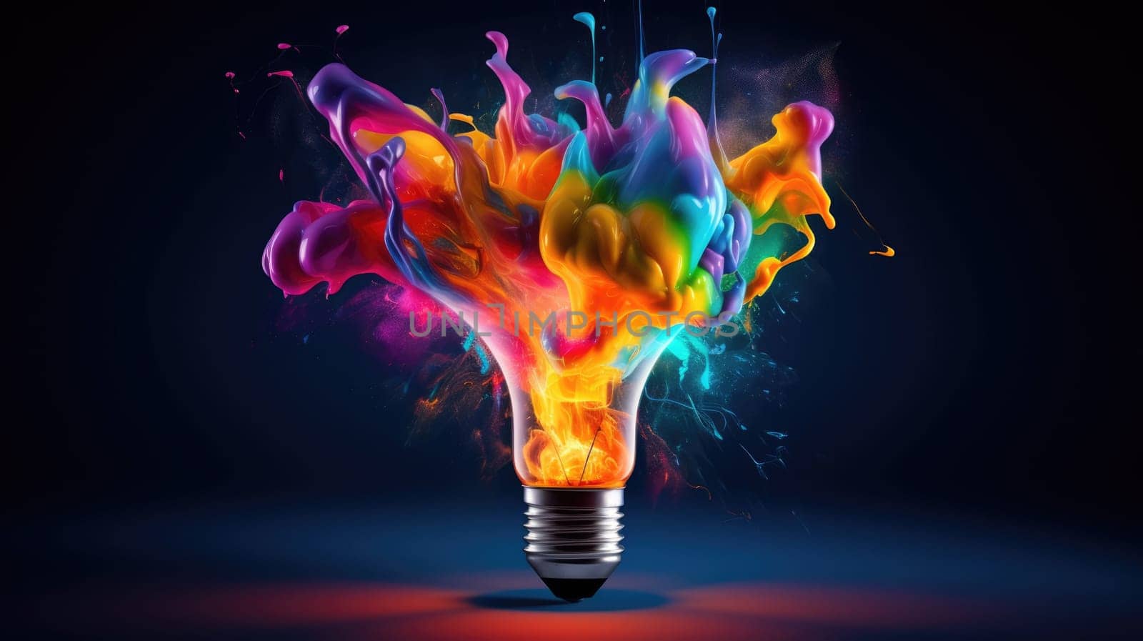 Colorful explosion of splashes emanates from a bulb-shaped lamp ultra realistic illustration - Generative AI. Lightbulb, purple, splash, orange, blue.