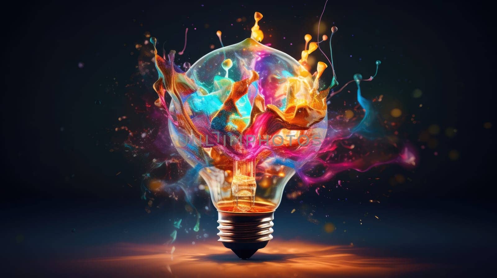 Colorful explosion of splashes emanates from a bulb-shaped lamp ultra realistic illustration - Generative AI. by simakovavector