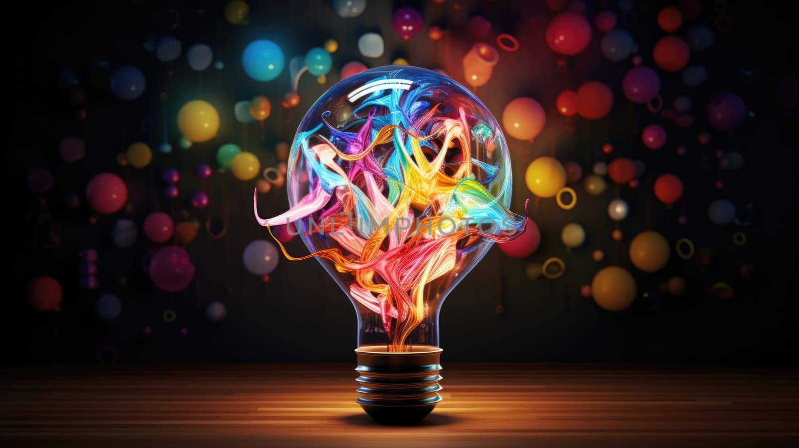 Bulb-shaped lamp serves as a canvas for a mesmerizing explosion of vibrant colors ultra realistic illustration - Generative AI. by simakovavector