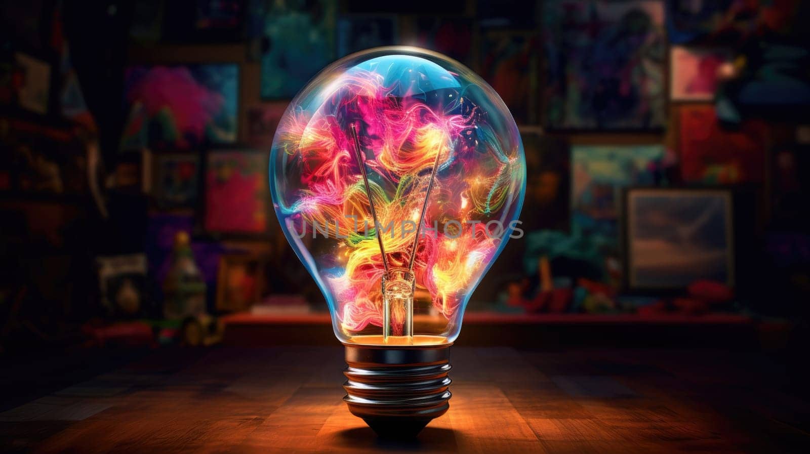 Bulb-shaped lamp shines brilliantly with a burst of vivid colors ultra realistic illustration - Generative AI. by simakovavector