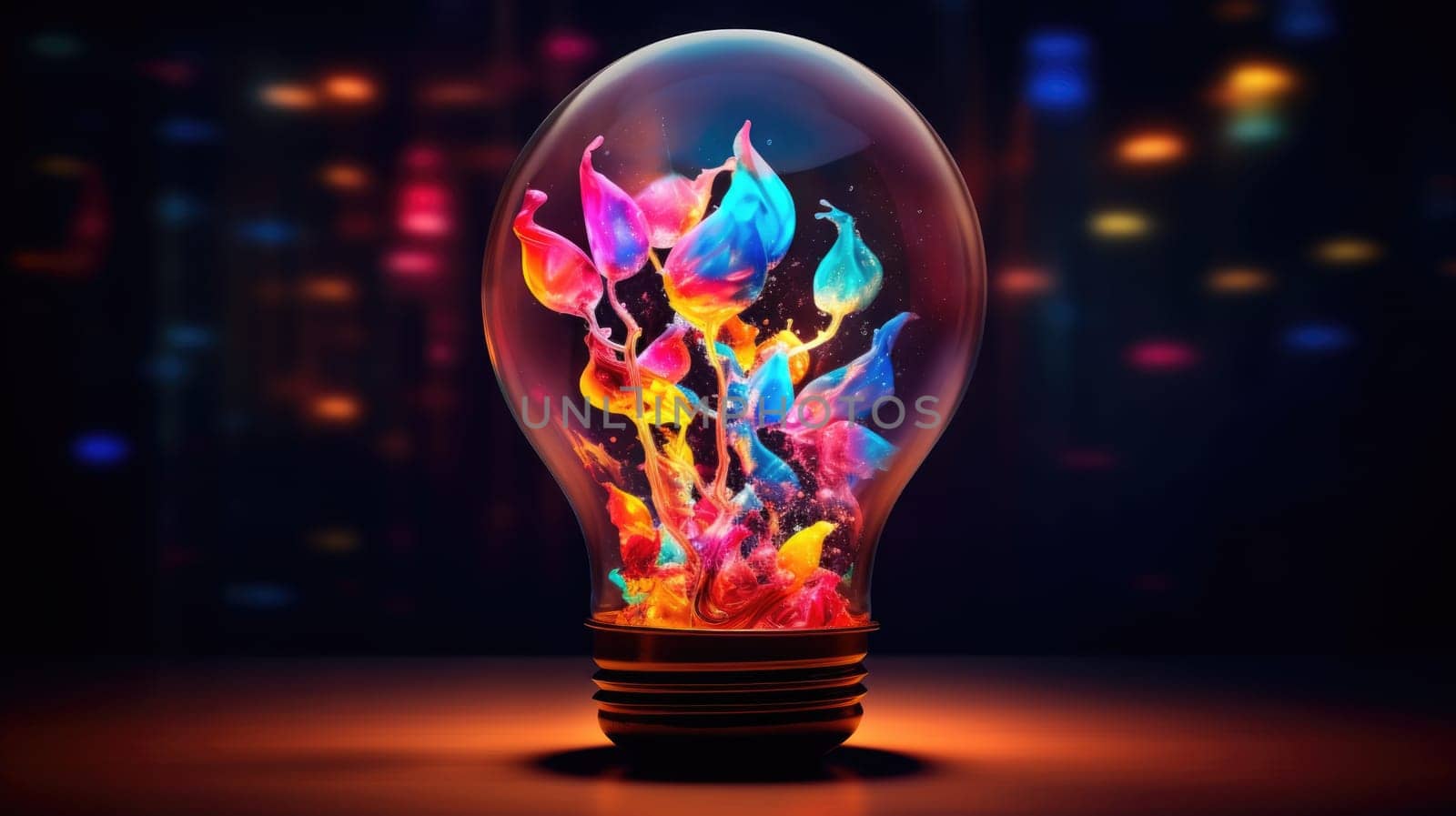 Bulb-shaped lamp shines brilliantly with a burst of vivid colors ultra realistic illustration - Generative AI. Lightbulb, glowing, colors, yellow, blue.