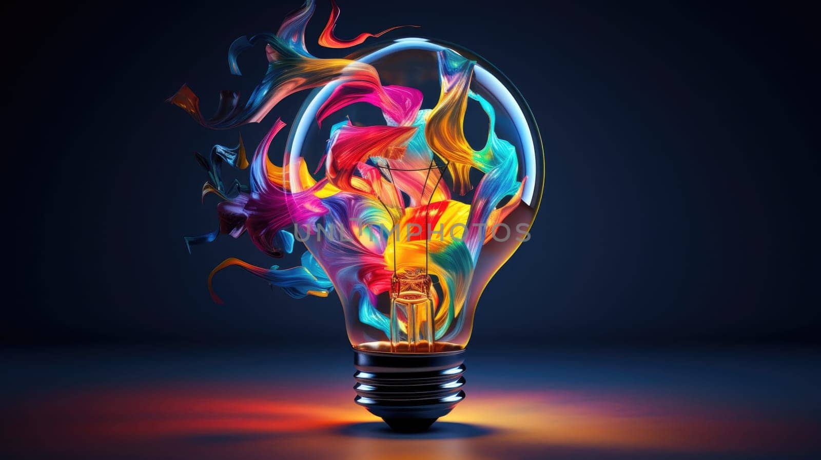 Bulb-shaped lamp shines brilliantly with a burst of vivid colors ultra realistic illustration - Generative AI. Lightbulb, glowing, colors, yellow, blue.