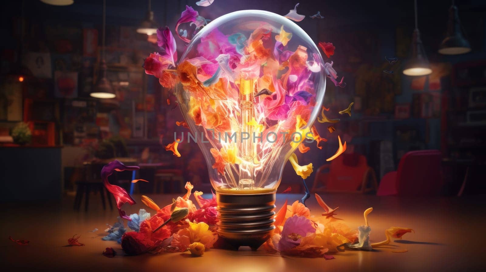 Bulb radiating an explosion of vibrant colors ultra realistic illustration - Generative AI. by simakovavector