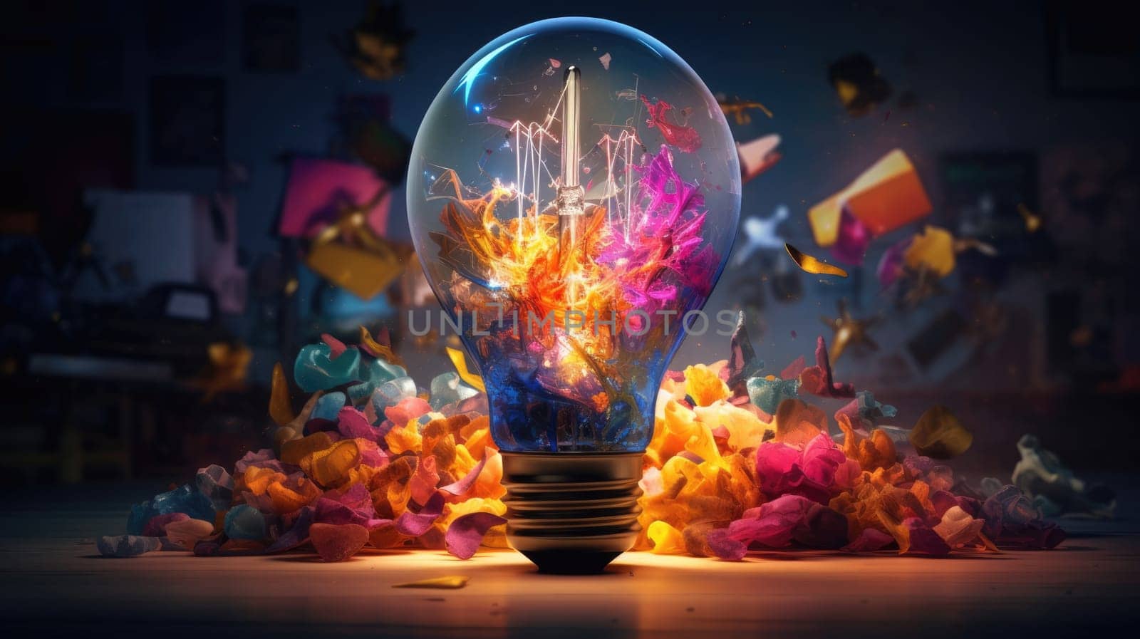 Bulb radiating an explosion of vibrant colors ultra realistic illustration - Generative AI. by simakovavector