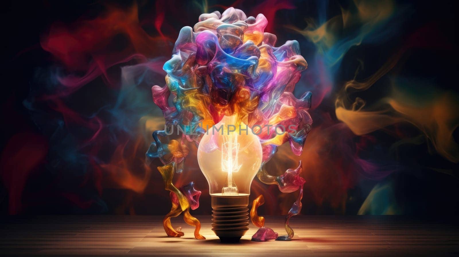 Bulb radiating an explosion of vibrant colors ultra realistic illustration - Generative AI. Explosion, vibrant, colors, bulb.