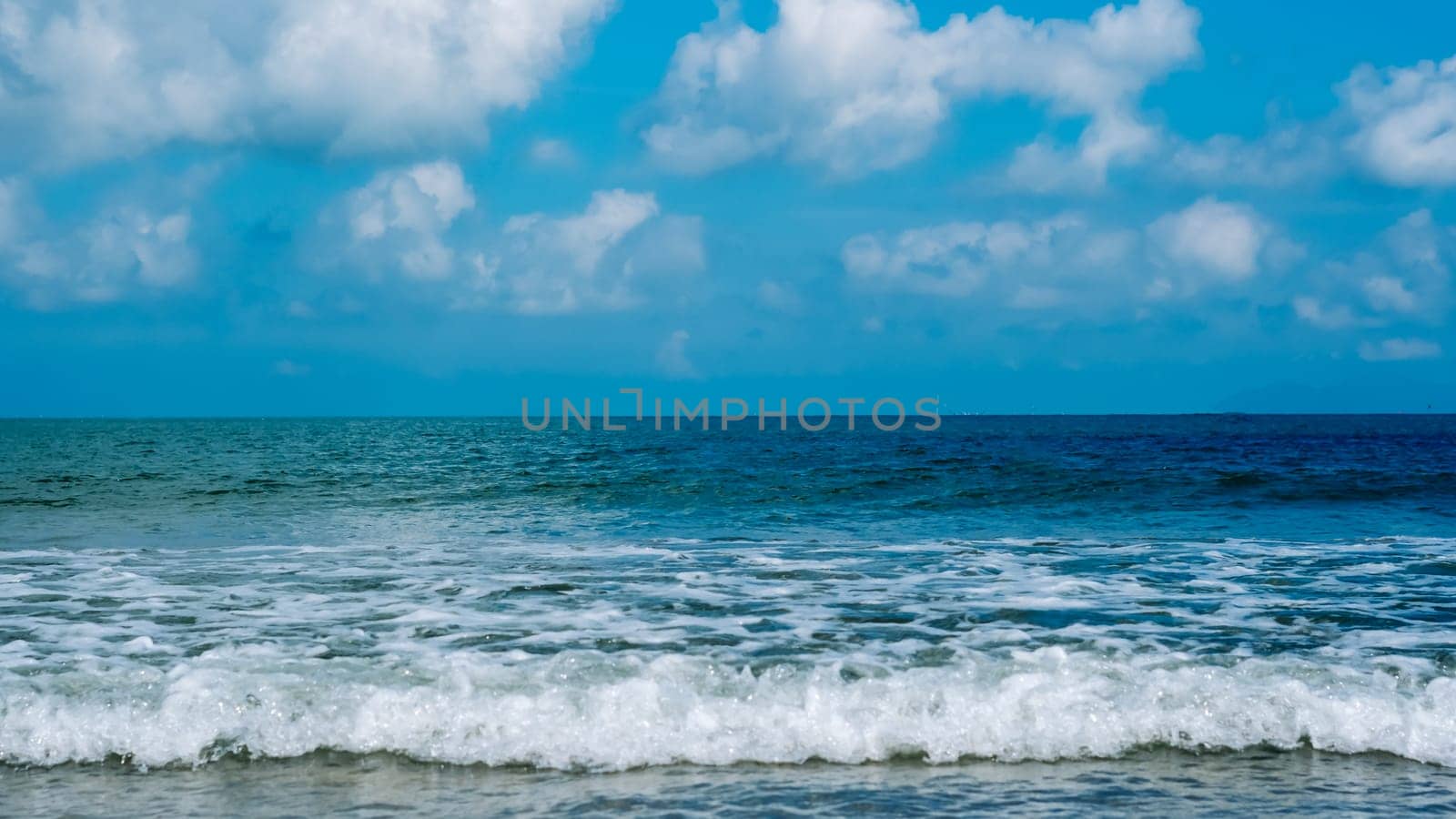 Turquoise clear sea view panorama blue sky white clouds close wave, beauty of nature, skyline.