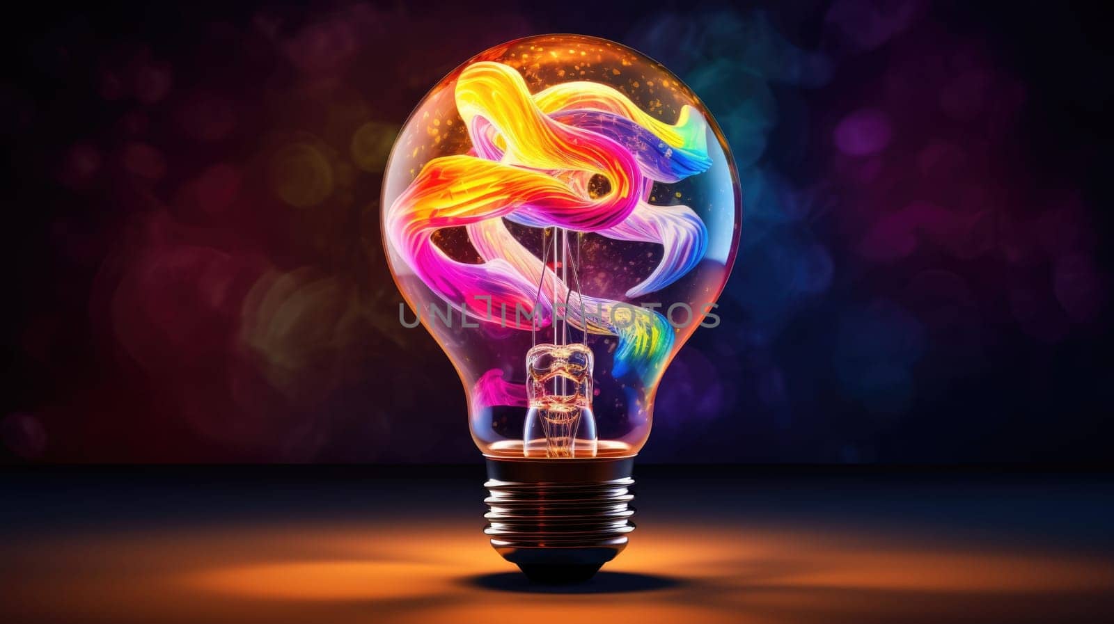 Bulb-shaped lamp aglow with vibrant, swirling colors ultra realistic illustration - Generative AI. by simakovavector