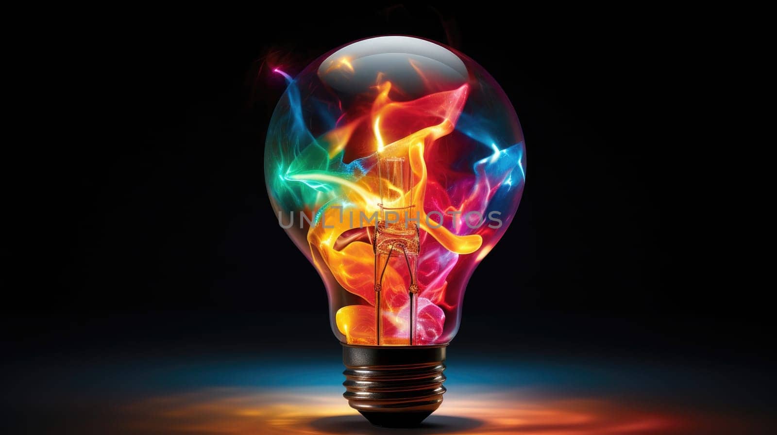 Bulb-shaped lamp bursts into life with a cascade of vivid colors ultra realistic illustration - Generative AI. by simakovavector