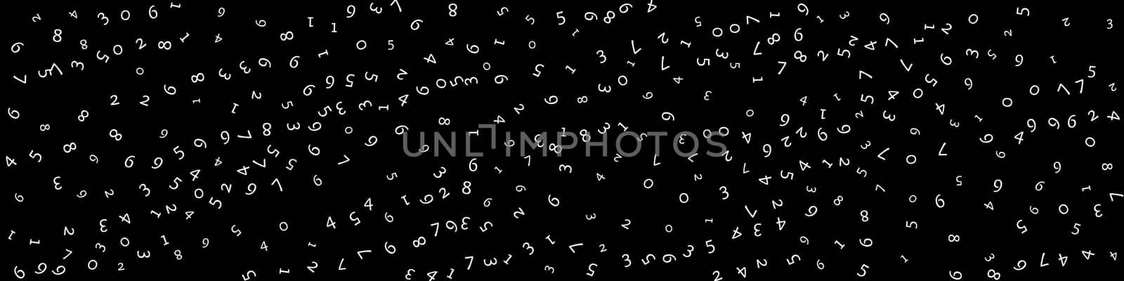 Falling numbers, big data concept. Binary white random flying digits. Fancy futuristic banner on black background. Digital illustration with falling numbers.