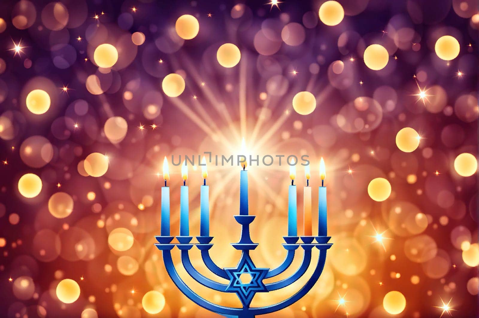 Hanukkah menorah with candles on table against blurry light, religious Jewish holiday