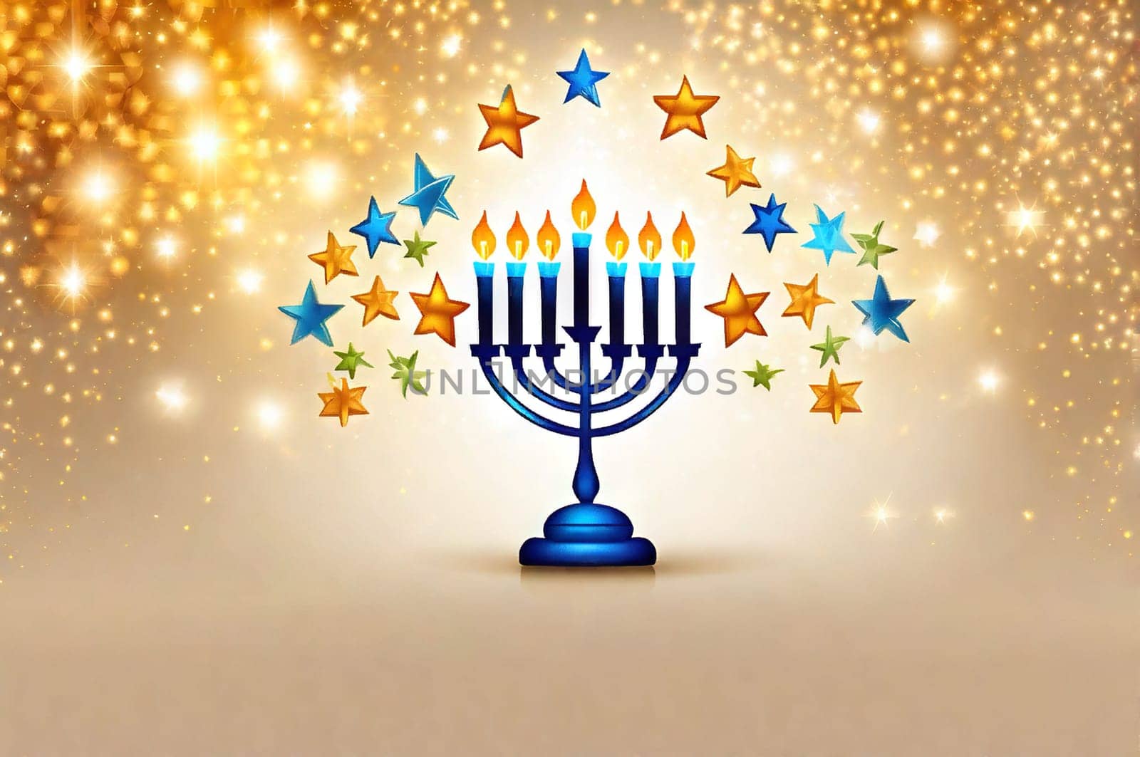 Hanukkah abstract defocused background - menorah with bright dust on wooden table, beautiful religious card