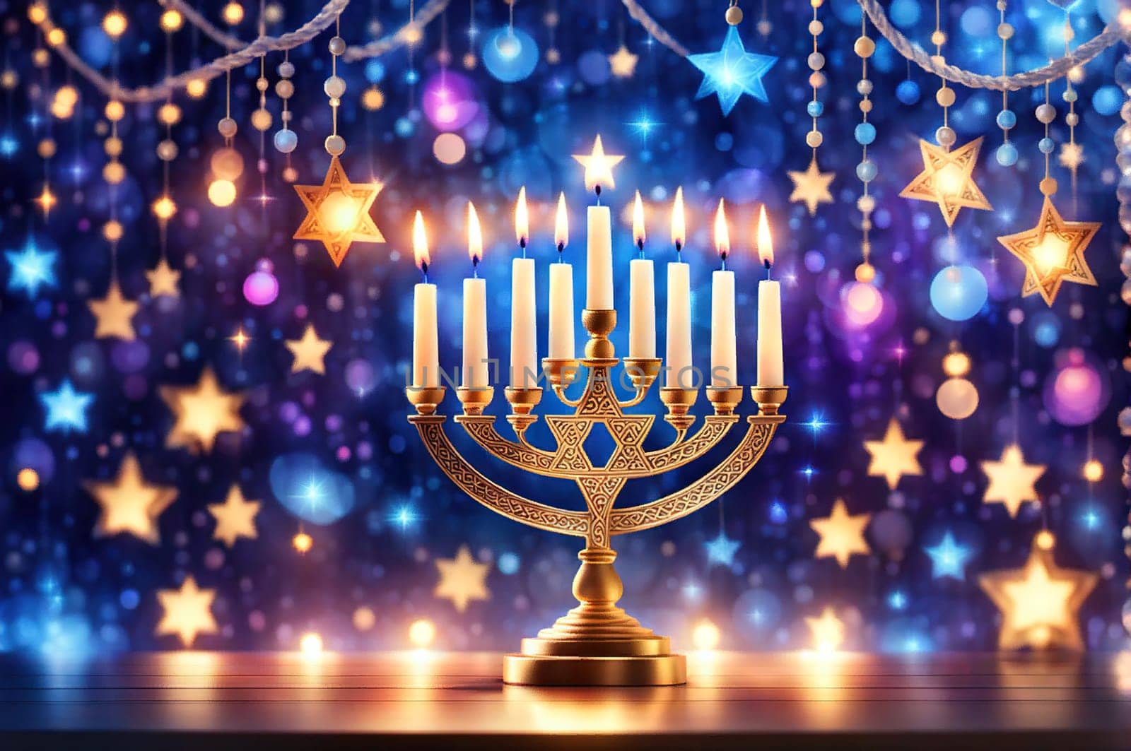 Hanukkah abstract defocused background - menorah with bright dust on wooden table, beautiful religious card