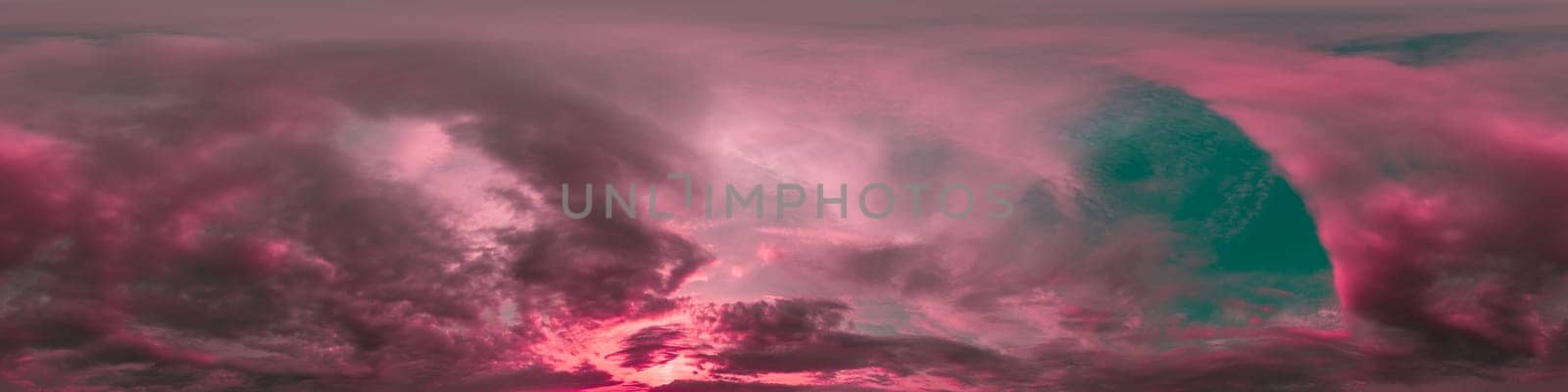 Dramatic sunset sky panorama with bright glowing red pink Cumulus clouds. HDR 360 seamless spherical panorama. Sky dome in 3D, sky replacement for aerial drone panoramas. Weather and climate change. by Matiunina