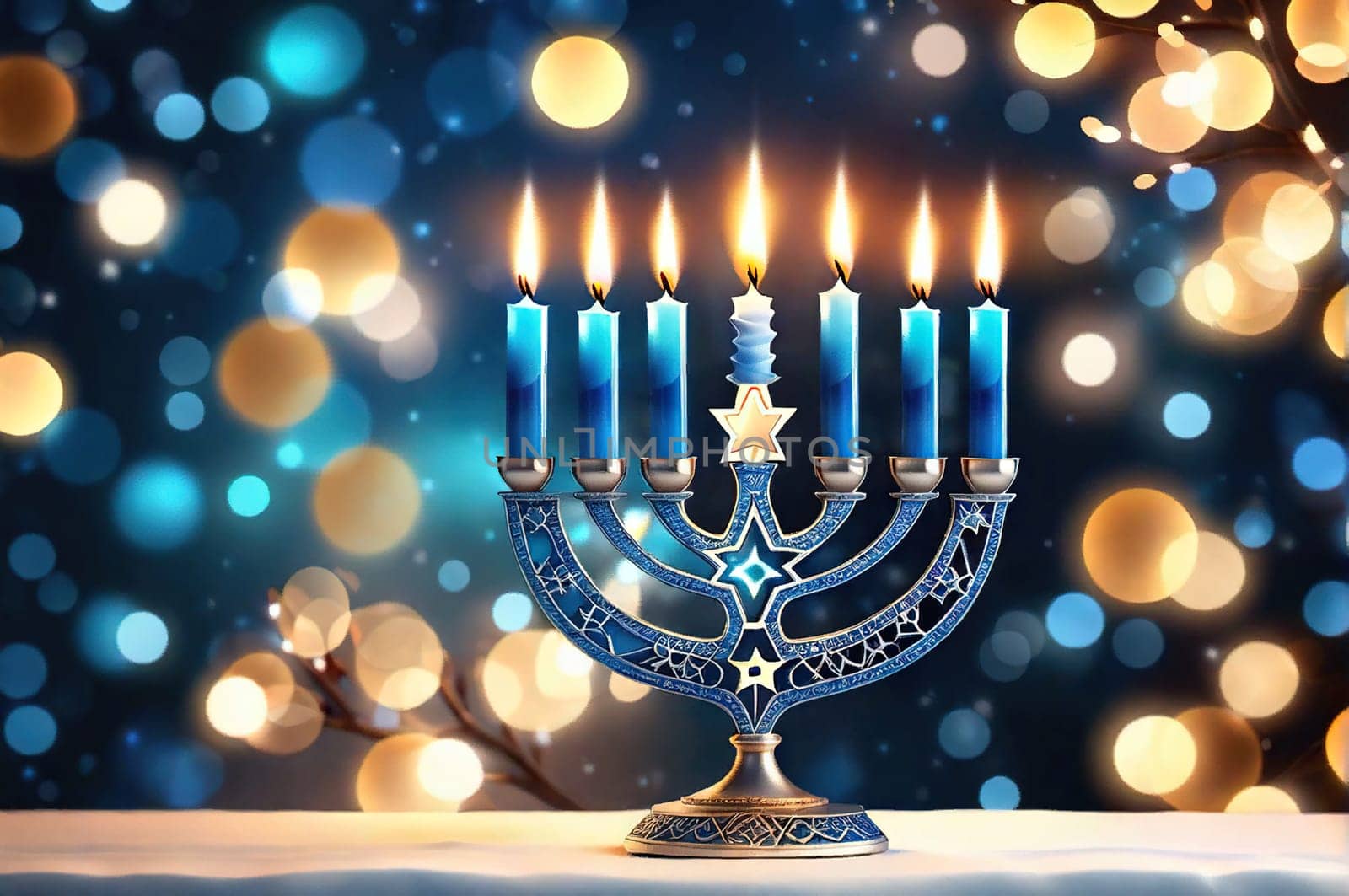 Hanukkah menorah with candles on table against blurry light, religious Jewish holiday