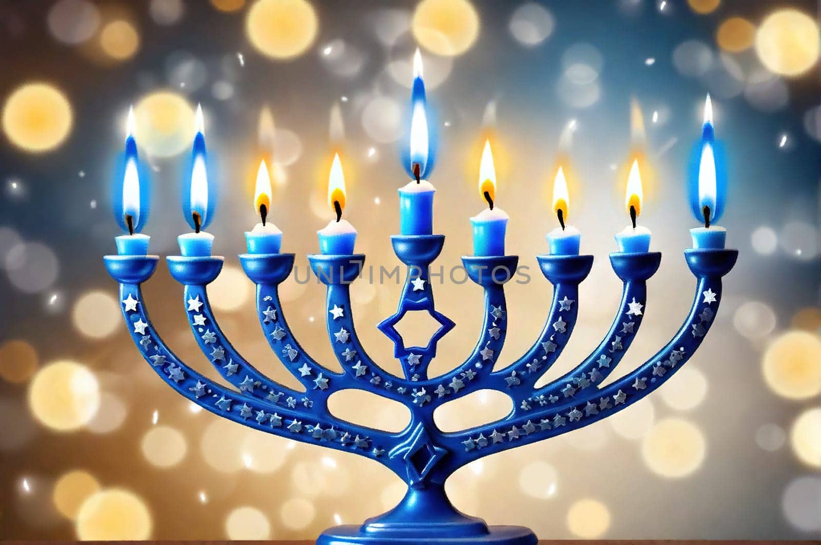 Hanukkah menorah with candles on table against blurry light, religious Jewish holiday