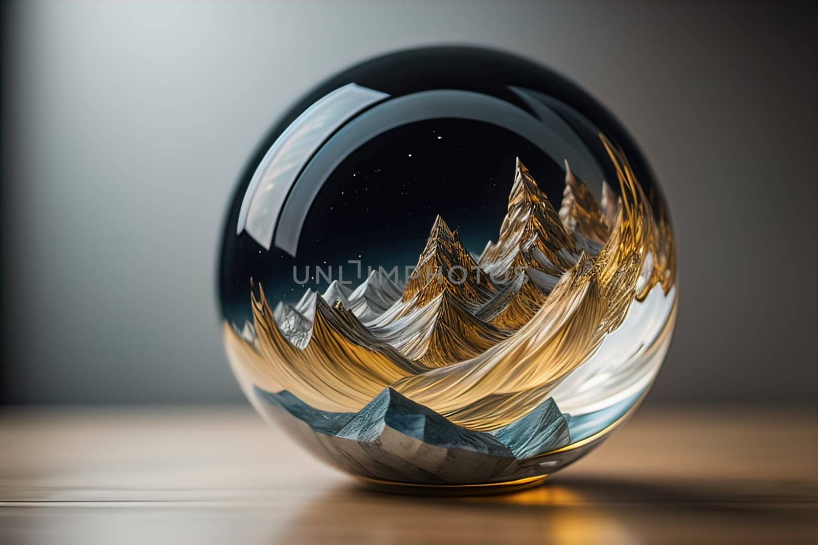 Transparent crystal ball on a wooden table. ai generative