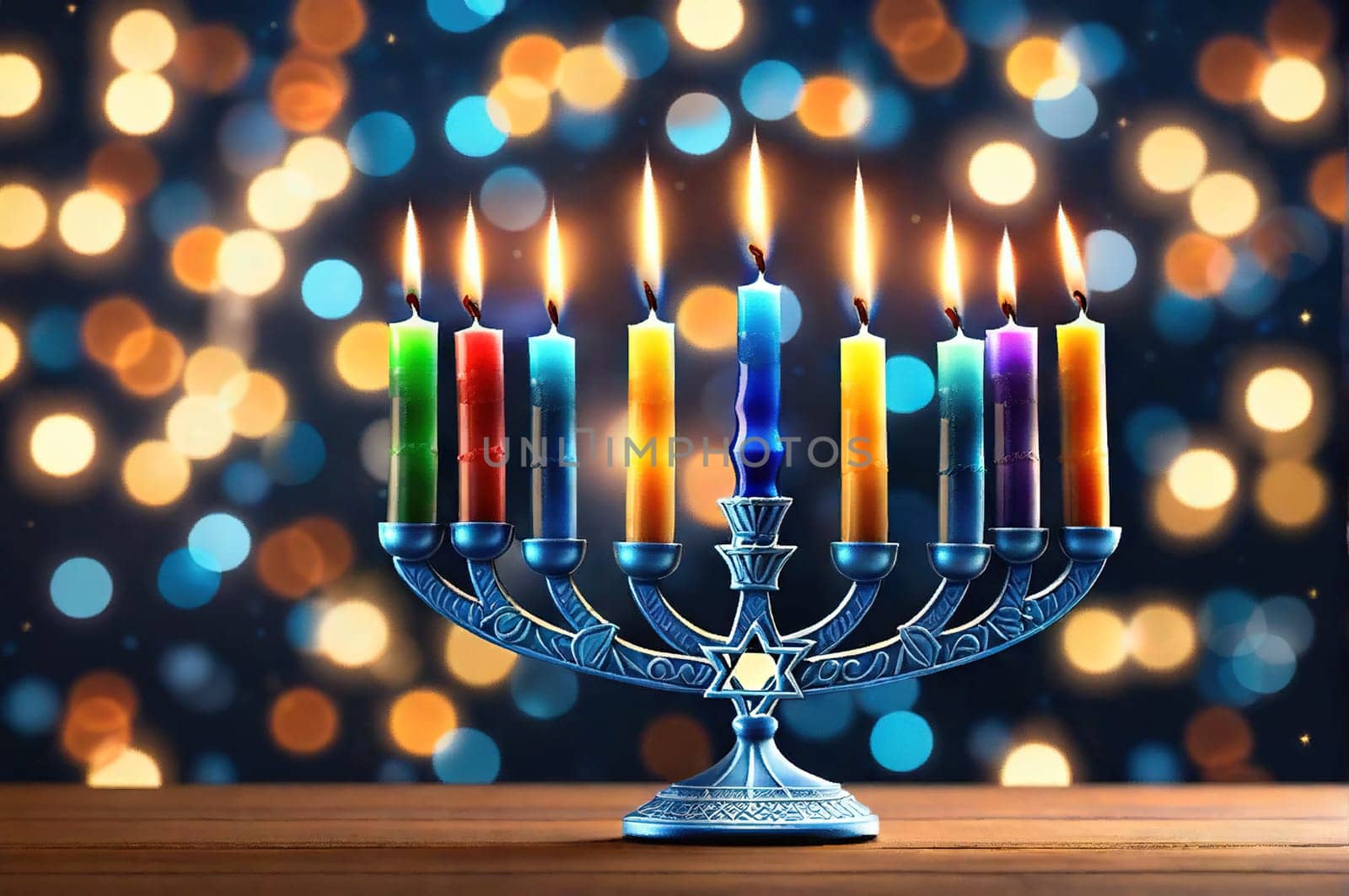 Hanukkah menorah with candles on table against blurry light, religious Jewish holiday