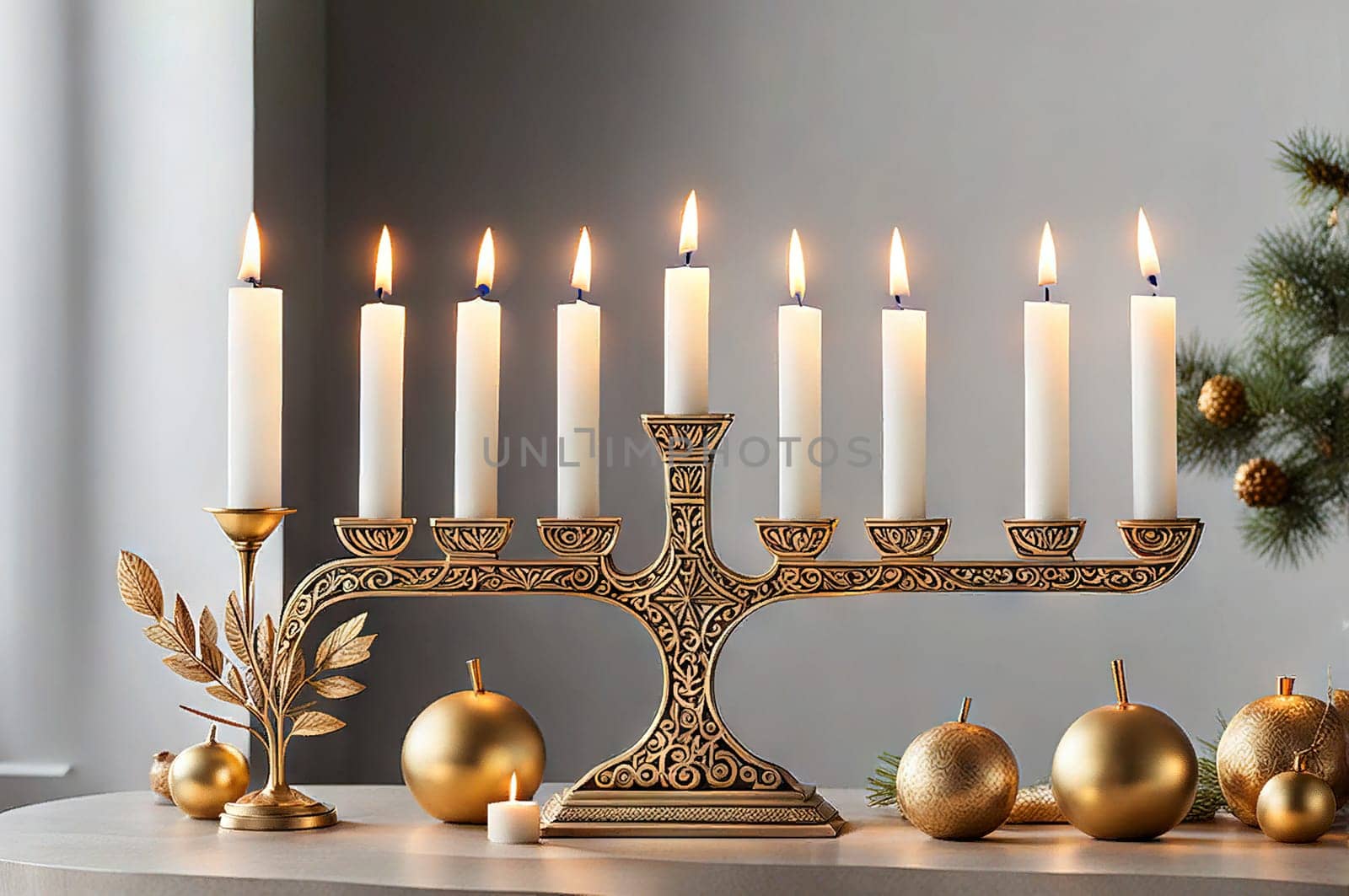 Bronze Hanukkah menorah with burning candles on table. Holiday greeting card by EkaterinaPereslavtseva