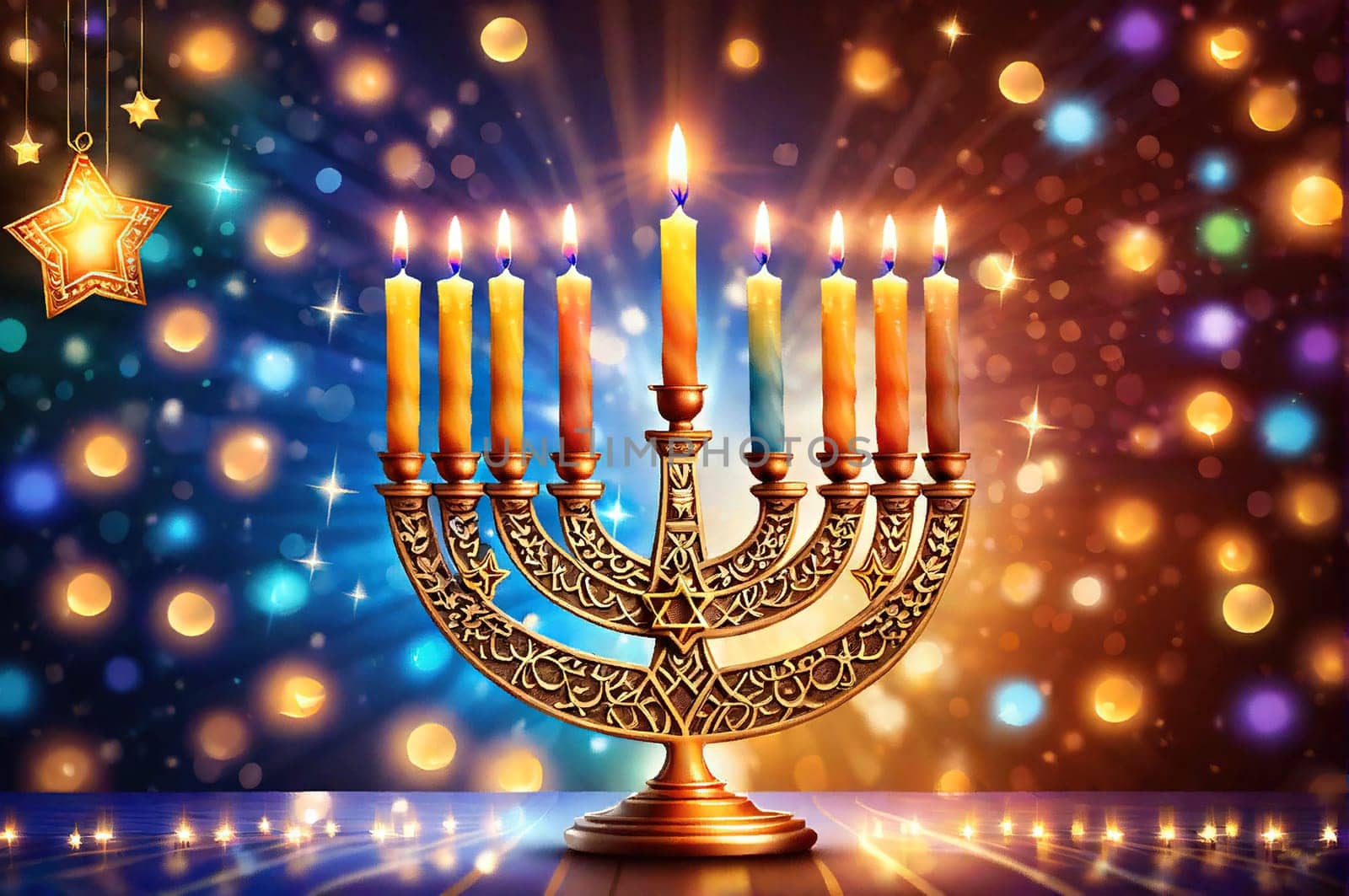 Bronze Hanukkah menorah with burning candles on table. Holiday greeting card by EkaterinaPereslavtseva