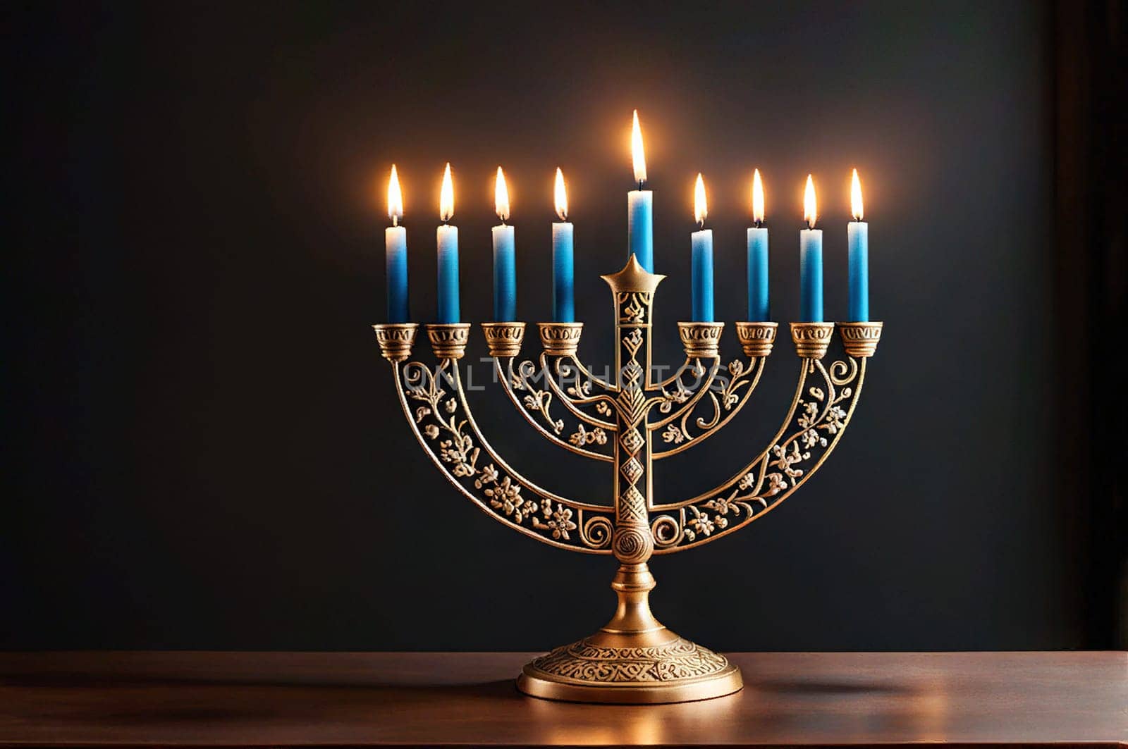 Bronze Hanukkah menorah with burning candles on table. Holiday greeting card by EkaterinaPereslavtseva