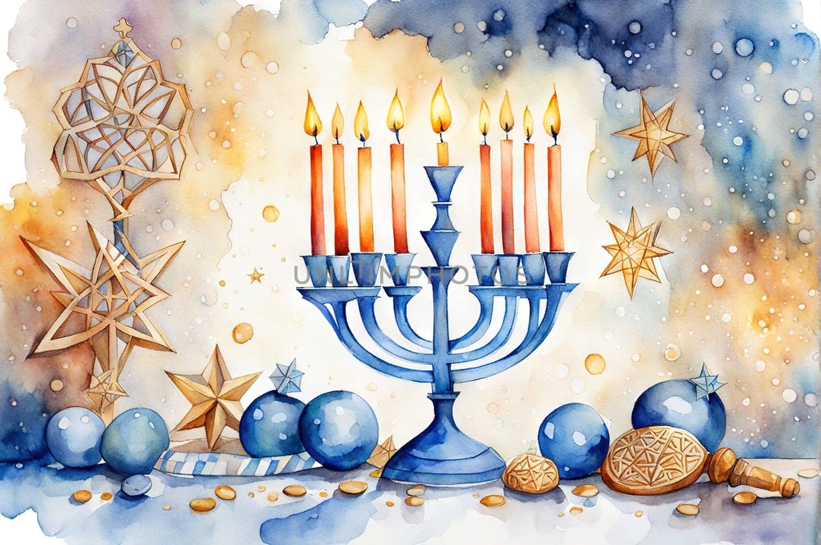 Watercolor drawing Happy Hanukkah. Jewish holiday Hanukkah, greeting card with traditional candles symbols of Hanukkah.