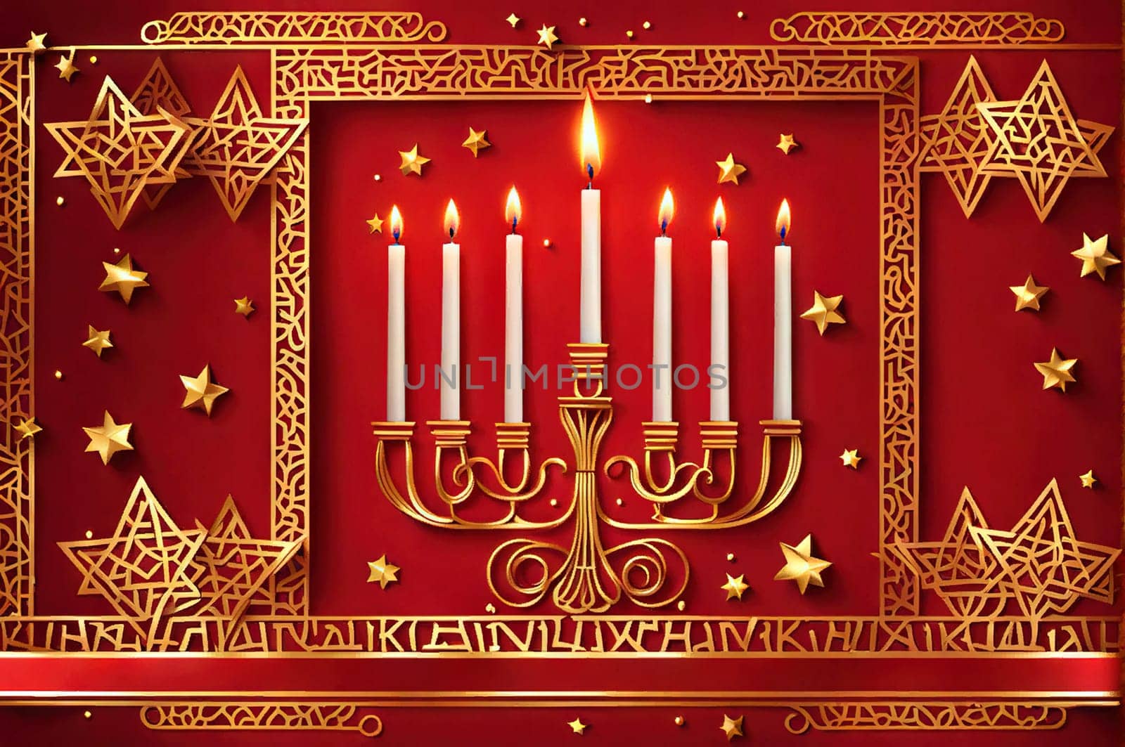 Happy Hanukkah, golden menorah. Jewish holiday Hanukkah, greeting card with traditional candles symbols of Hanukkah. On a colored background