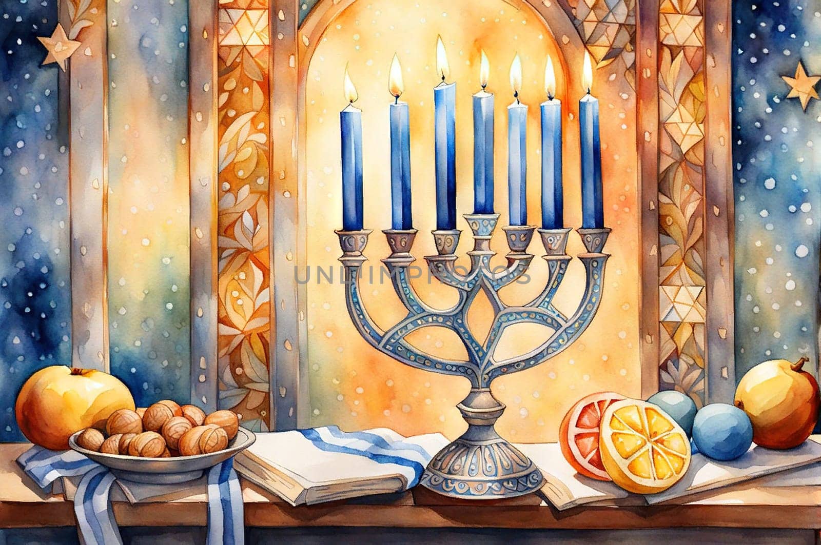 Concept jewish religious holiday hanukkah with glittering raditional chandelier by EkaterinaPereslavtseva