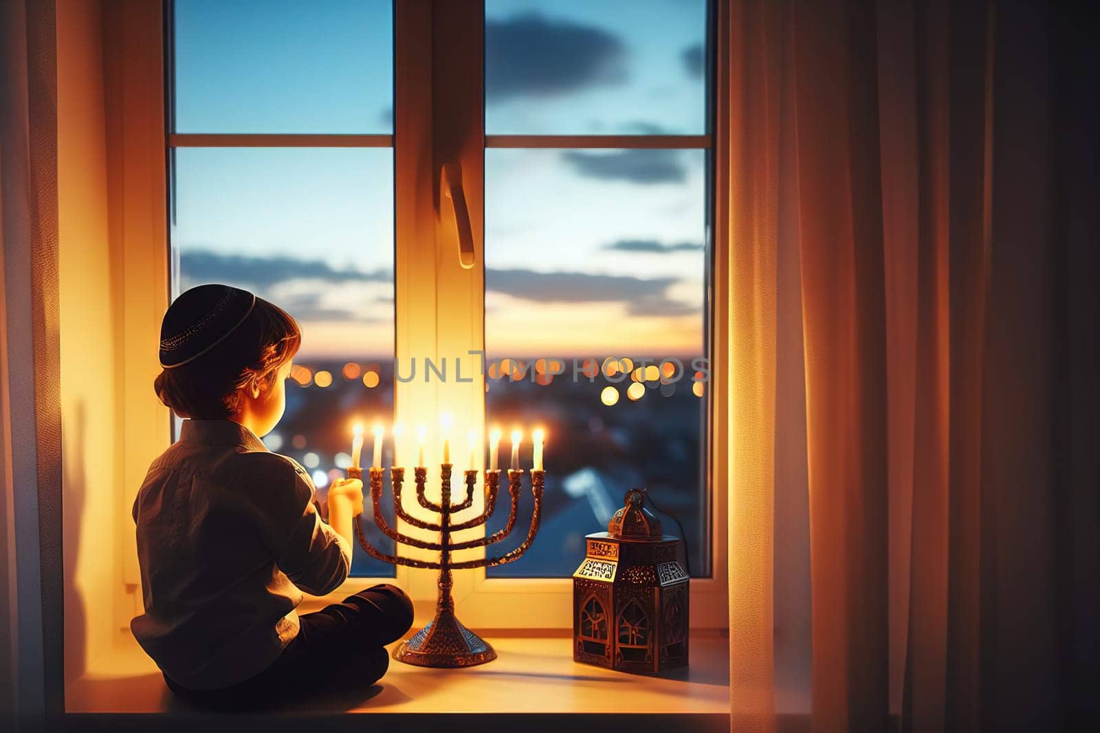 Jewish boy sits on windowsill and looks at lit candles in Hanukkah, traditional holiday of Hanukkah. Holiday card