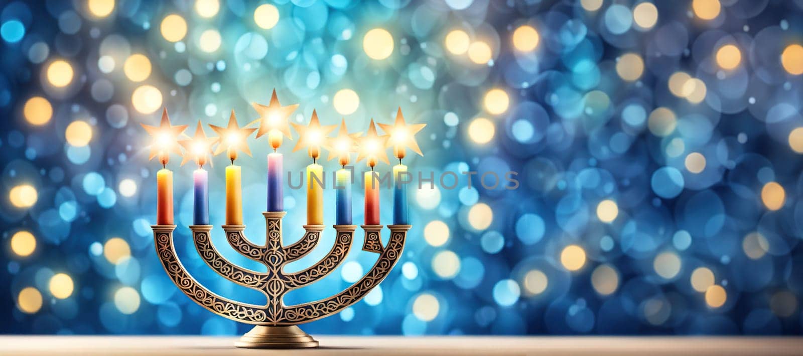 Concept banner for Jewish holiday Hanukkah, space for text on background with bokeh