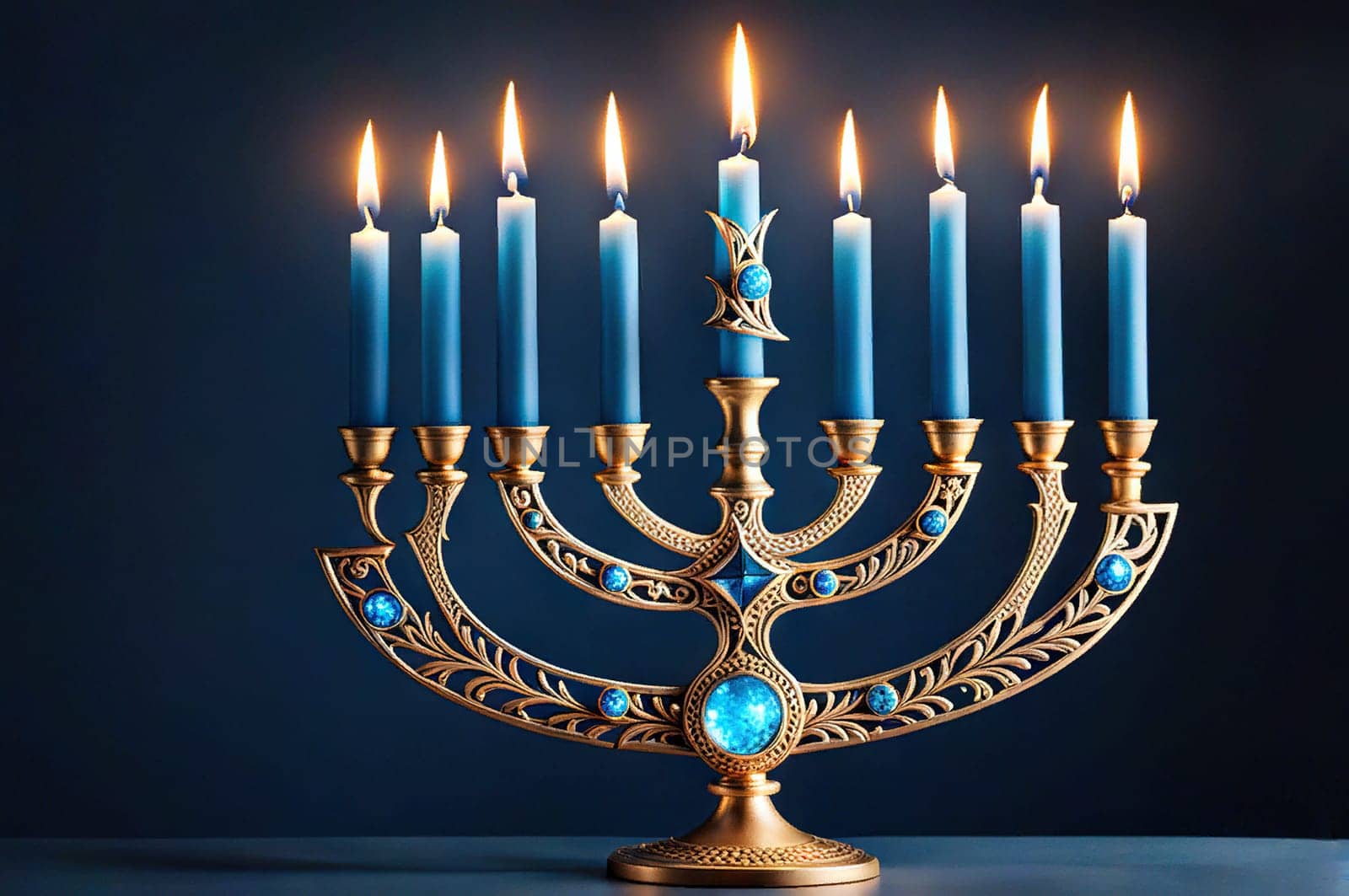 Bronze Hanukkah menorah with burning candles on table. Holiday greeting card concept.