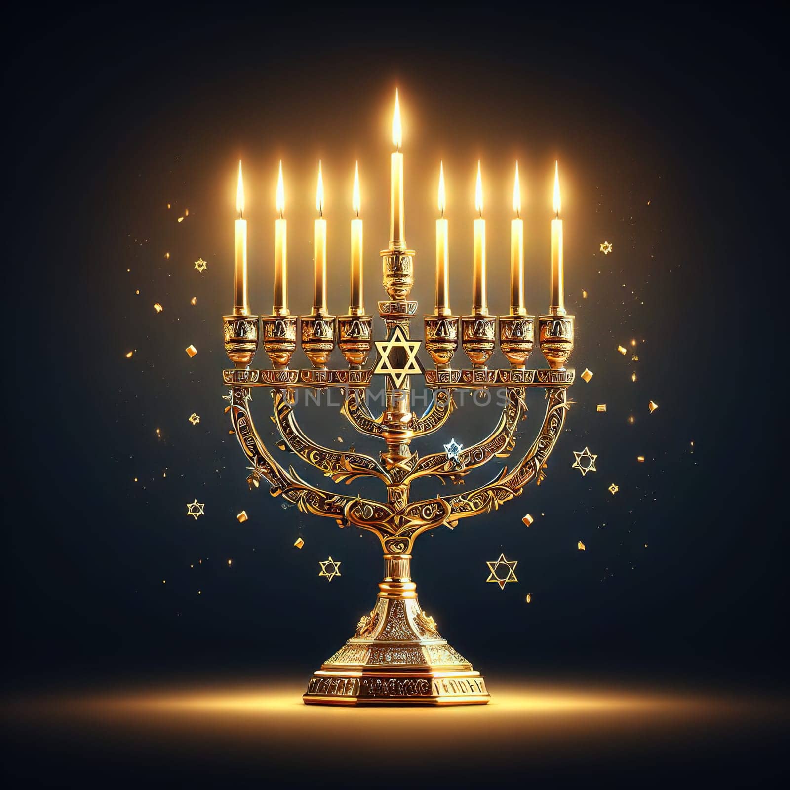 Image jewish holiday Hanukkah with menorah traditional candelabra and candles on a dark background with bright bokeh