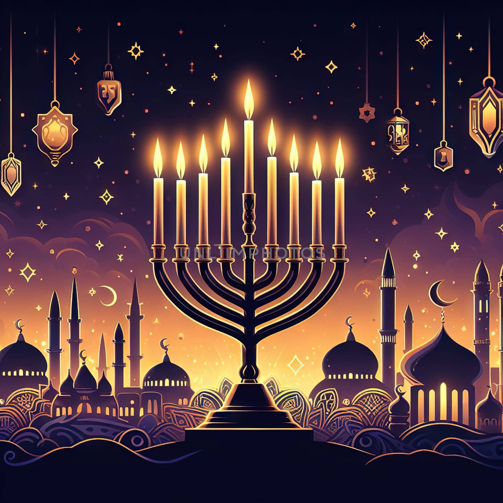 Happy Hanukkah, golden menorah. Jewish holiday Hanukkah, greeting card by EkaterinaPereslavtseva