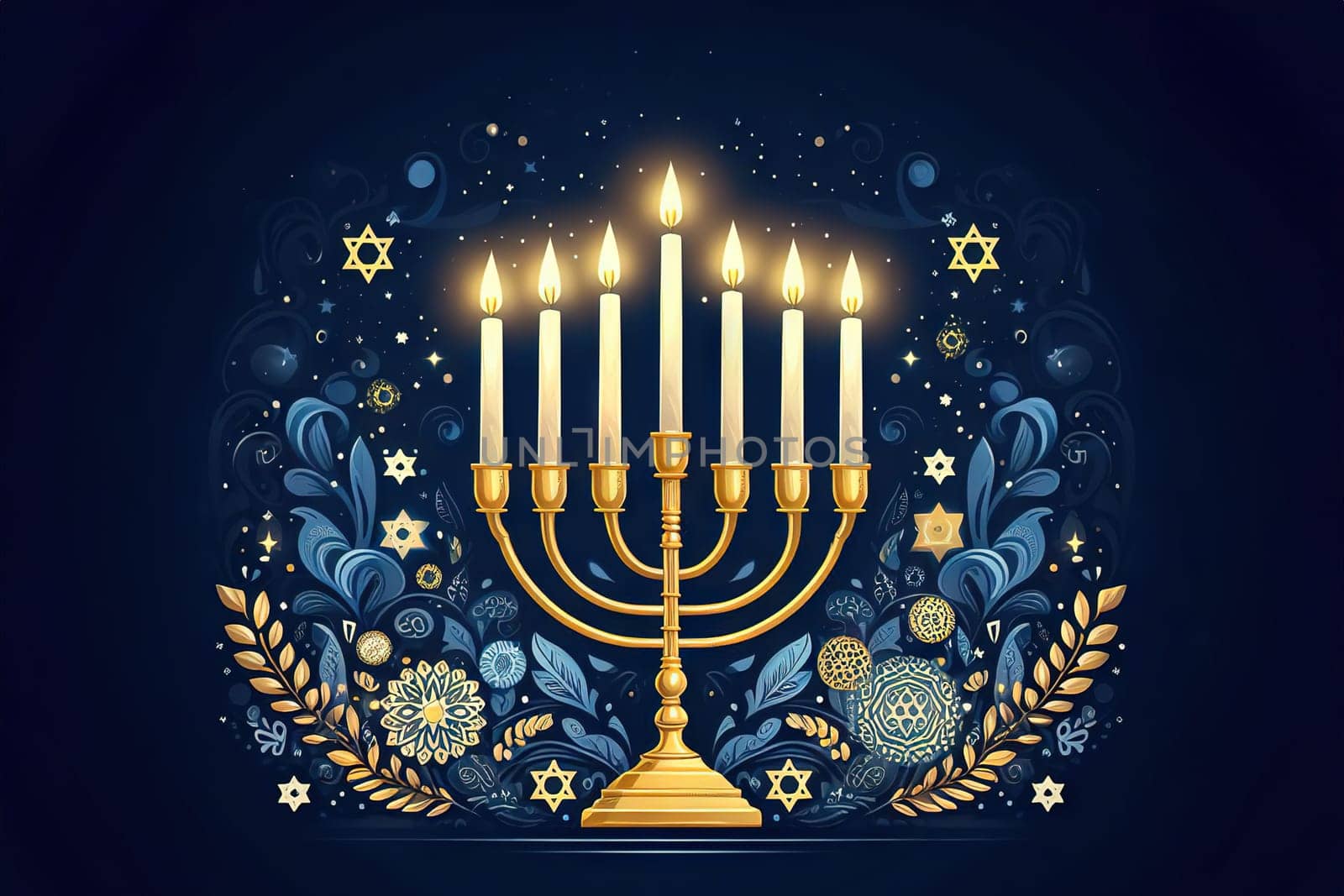 Happy Hanukkah, golden menorah. Jewish holiday Hanukkah, greeting card by EkaterinaPereslavtseva