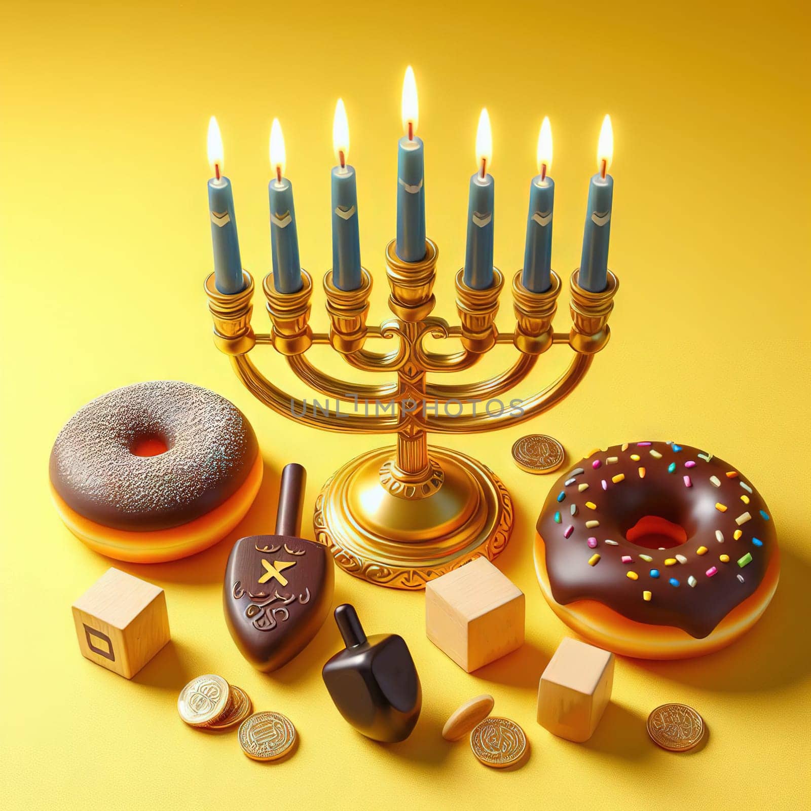 Concept jewish religious holiday hanukkah with glittering raditional chandelier menorah, spinning top toys dreidel, a doughnut and chocolate coins