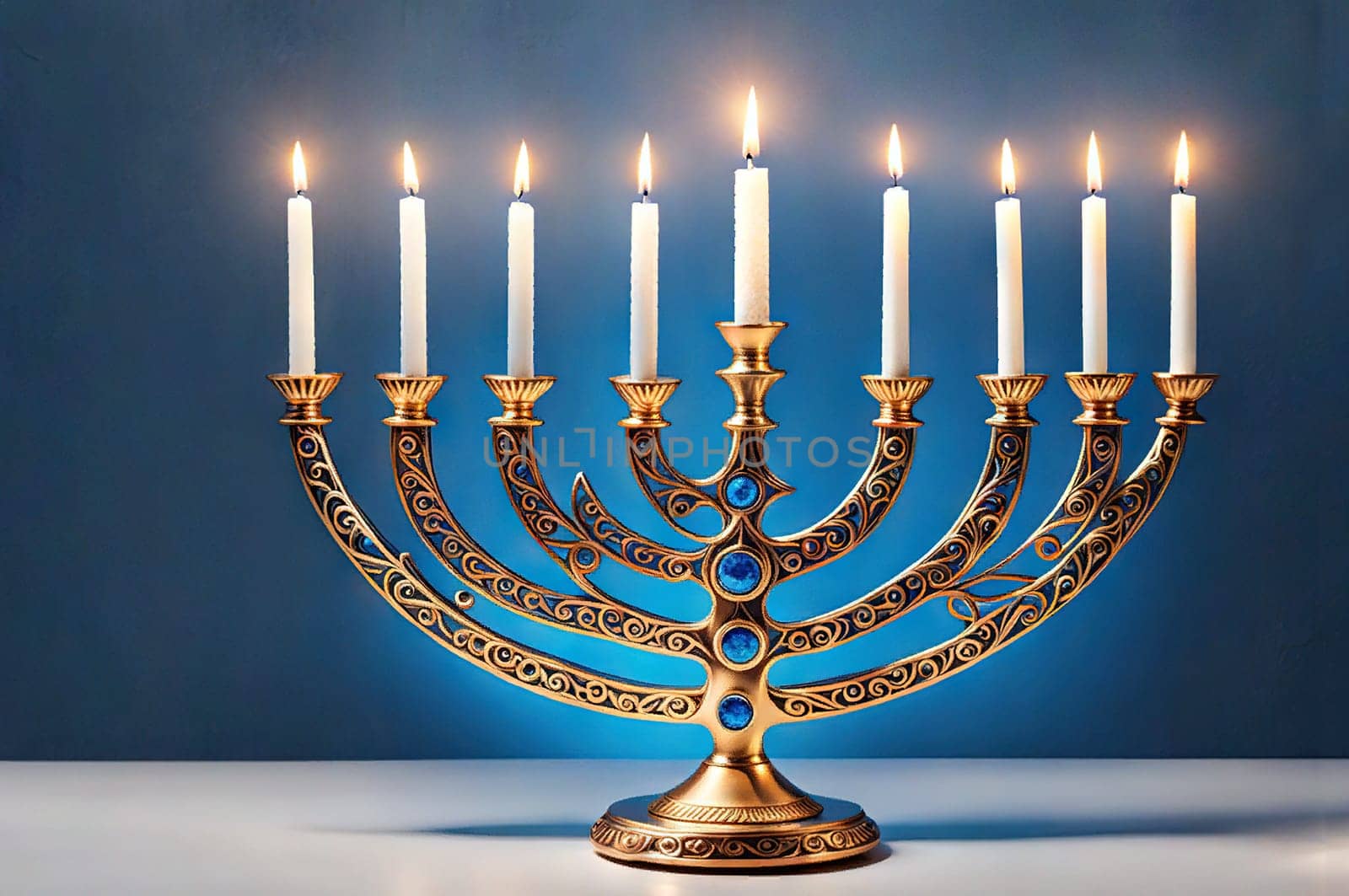Bronze Hanukkah menorah with burning candles on table. Holiday greeting card concept.