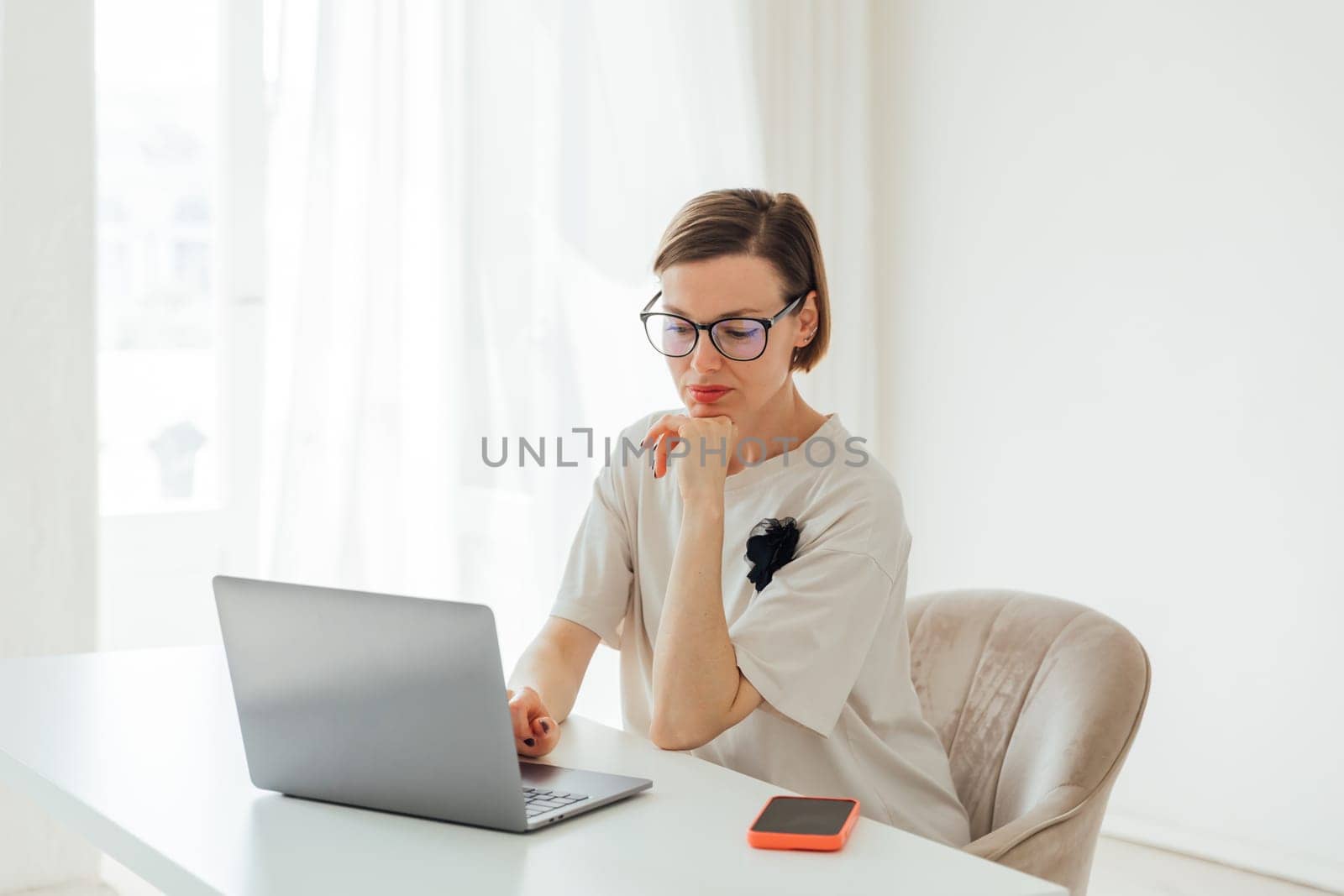 Business woman working remotely in office nice