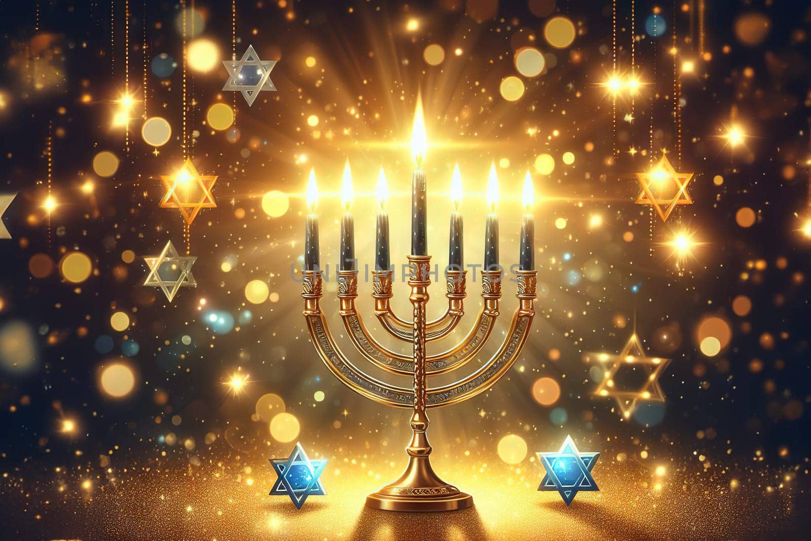 Hanukkah abstract defocused background - menorah with bright dust on wooden table, beautiful religious card