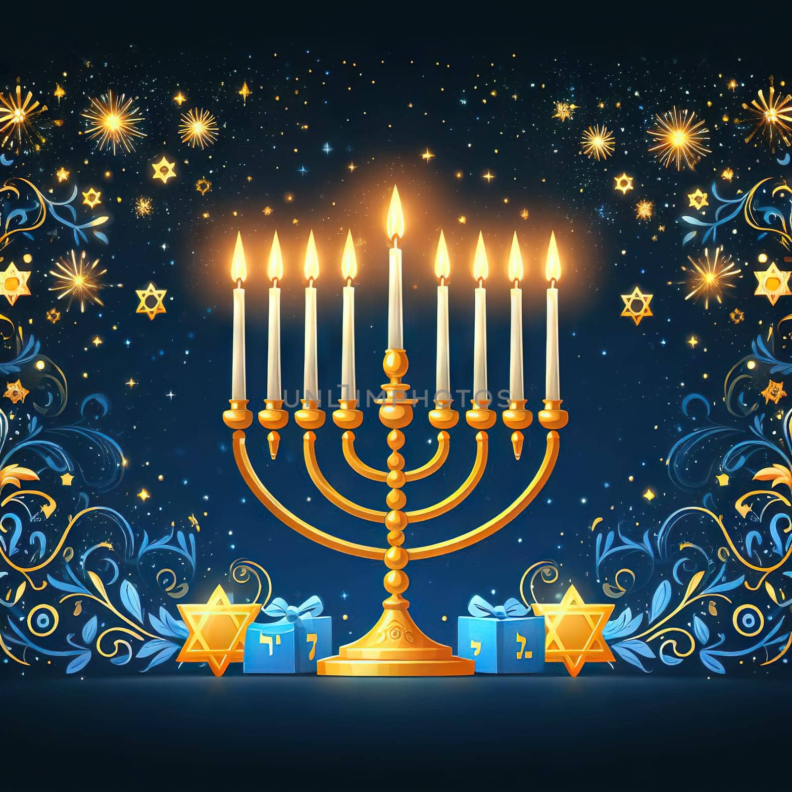 Hanukkah candles. Traditional candelabra with burning candles on dark background. Celebrating a religious Jewish holiday. Star of david and sparkles