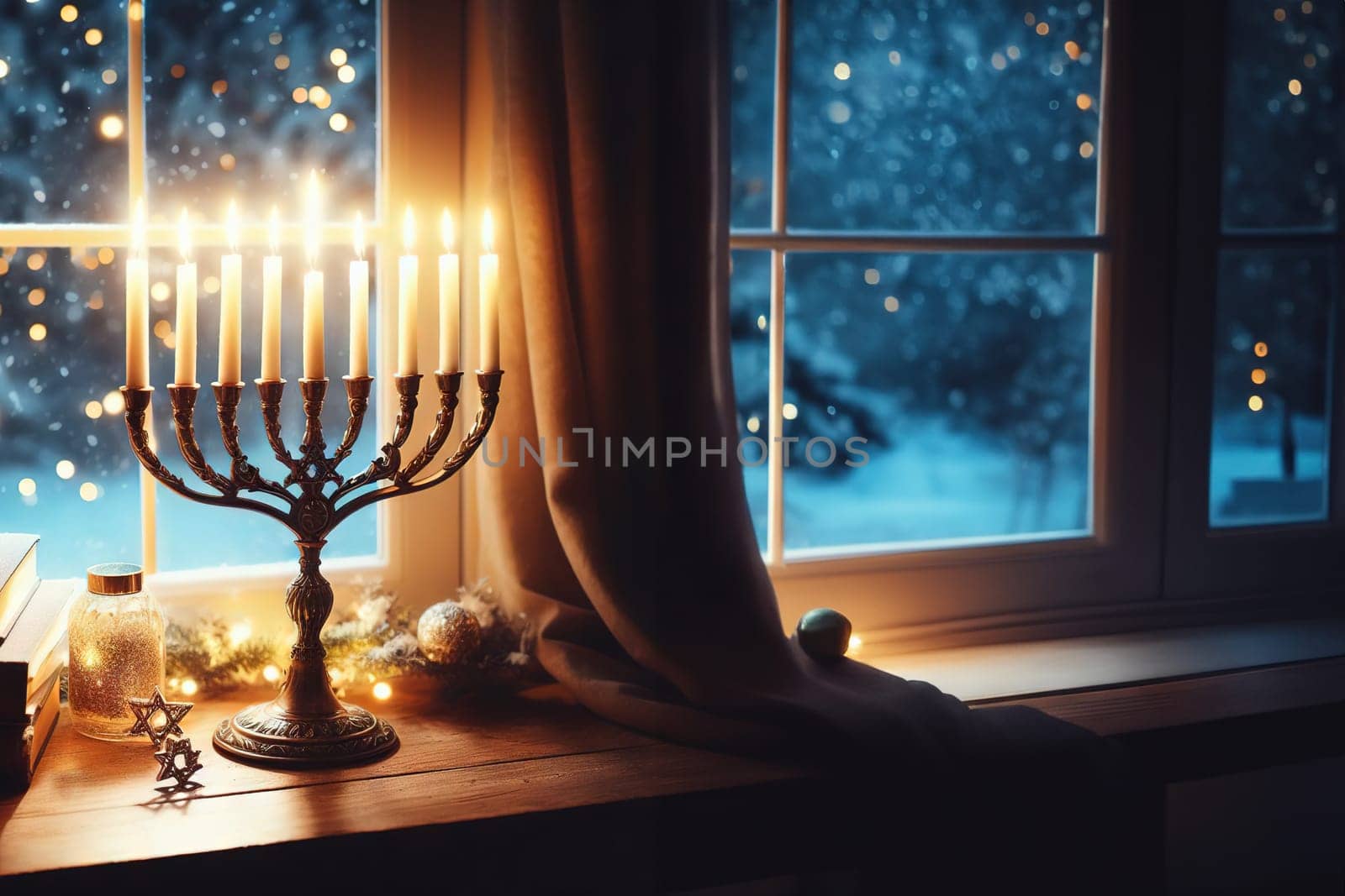 Hanukkah candles stand on sill against background window. Celebrating religious Jewish holiday.
